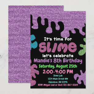 Slime verjaardagsfeestuitnodiging; slijmlab; meisj kaart