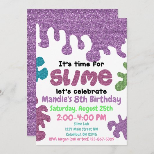 Slime verjaardagsfeestuitnodiging; slijmlab; meisj kaart (Voorkant / Achterkant)