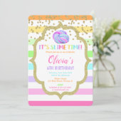 Slime verjaardagsuitnodiging, pastel regenboogmeis kaart (Staand voorkant)