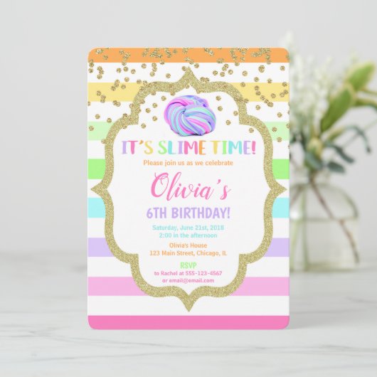 Slime verjaardagsuitnodiging, pastel regenboogmeis kaart (Staand voorkant)