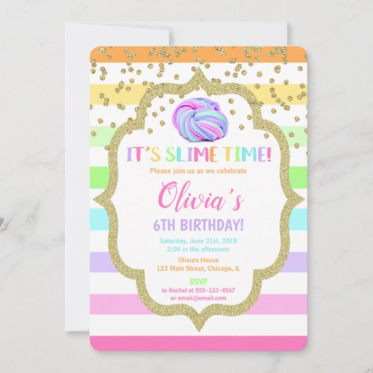 Slime verjaardagsuitnodiging, pastel regenboogmeis kaart (Voorkant)