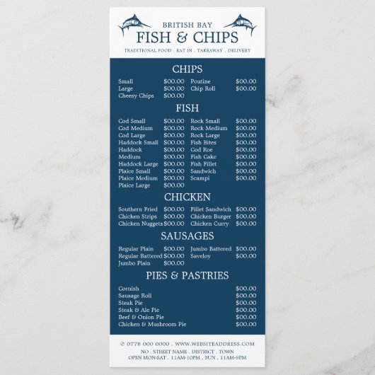 Slimline winkelrestaurant voor vissen en chips menu (Voorkant)