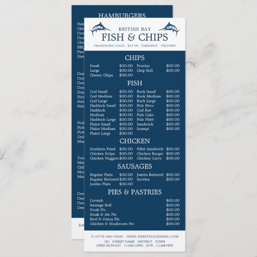 Slimline winkelrestaurant voor vissen en chips menu (Voorkant / Achterkant)