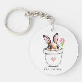 Slimme Bunny in een Bloempot met Bloem & Hart Sleutelhanger