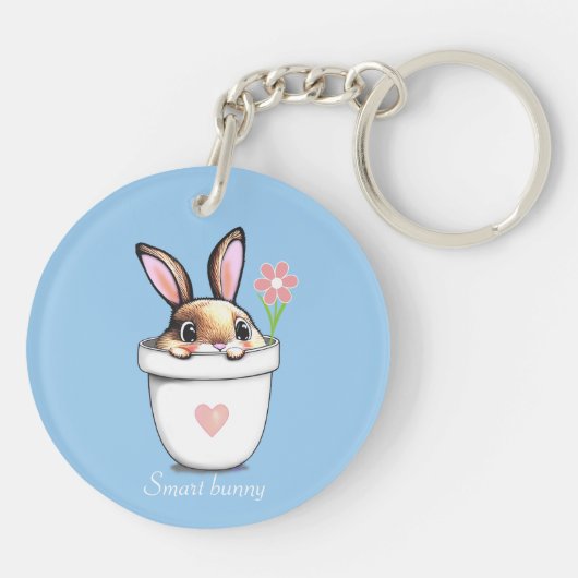 Slimme Bunny met ventilator en hart op lichtblauw Sleutelhanger (Achterkant)