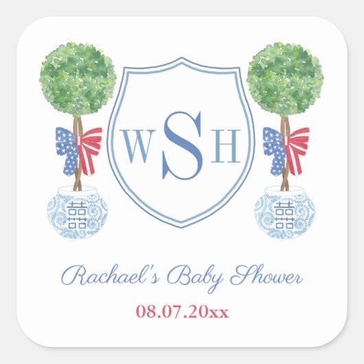 Slimme Buxus Monogram Wapen Huwelijksfeest Favorie Vierkante Sticker (Voorkant)