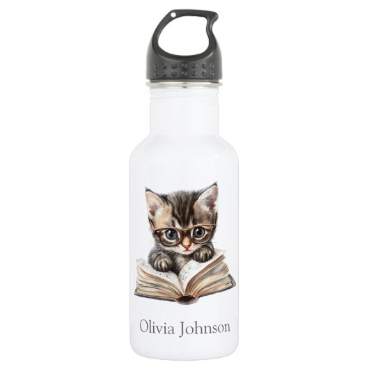 Slimme Kitten met Bril Aangepaste Naam Waterfles (Voorkant)