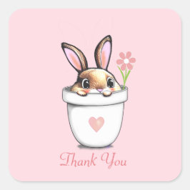 Slimme konijn met bloem & hart op lichtroze vierkante sticker