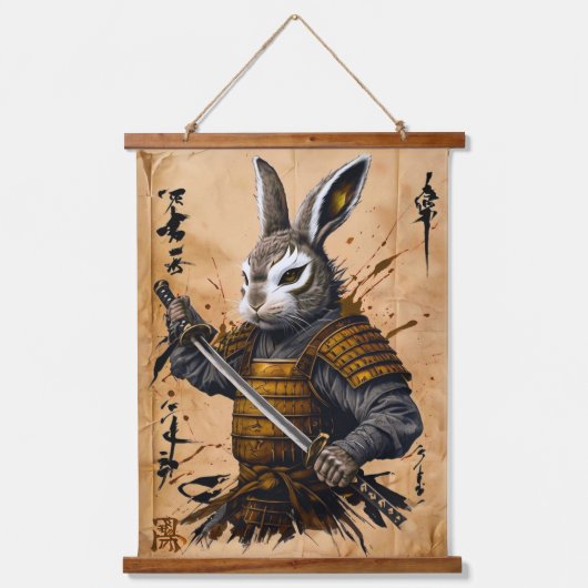 Slimme Konijn Samurai Warrior - Japanse inkt stijl Hangend Wandkleed (Voorkant)