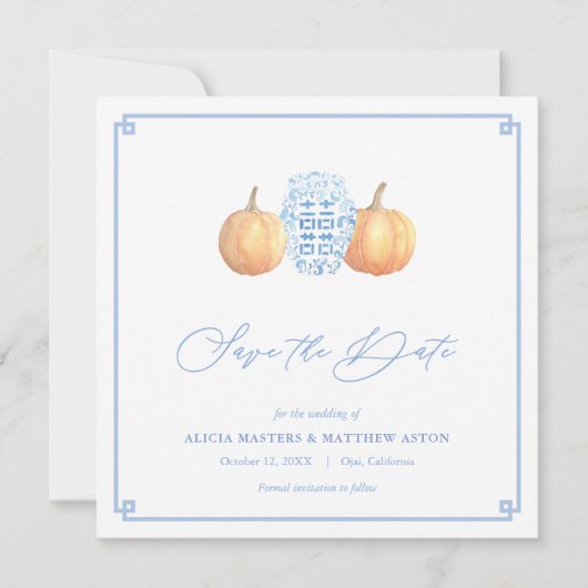 Slimme pompoenen Chinoiserie Blauw en Wit Bruiloft Save The Date (Voorkant)