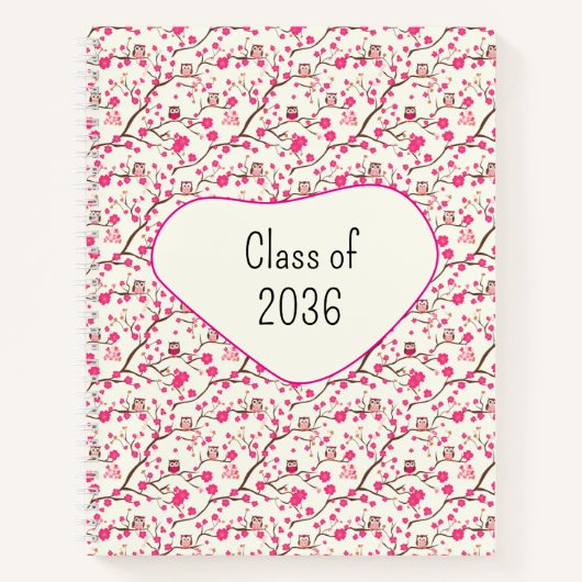 Slimme uilen met roze bloesem, notitieboek (Voorkant)