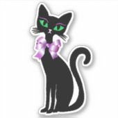 Slimme Zwarte Kat Groene Ogen Roze Strik Sticker (Voorkant)
