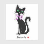 Slimme Zwarte Kat Groene Ogen Roze Strik Sticker (Vel)