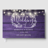 Slingerende lichten bloem rustiek paars hout bruil gastenboek (Voorkant)