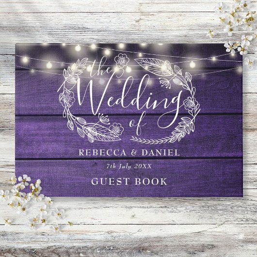 Slingerende lichten bloem rustiek paars hout bruil gastenboek
