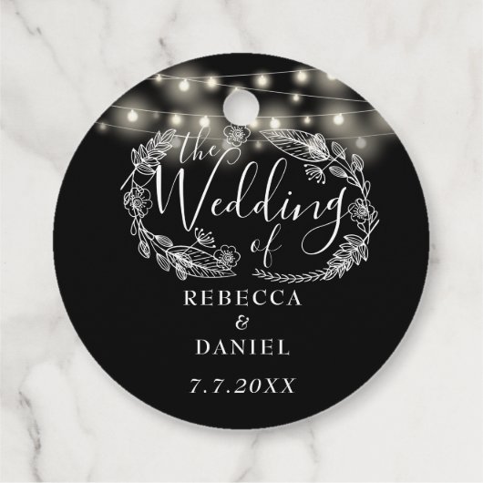 Slingerende lichten bloem zwart wit bruiloft bedankjes labels (Achterkant)