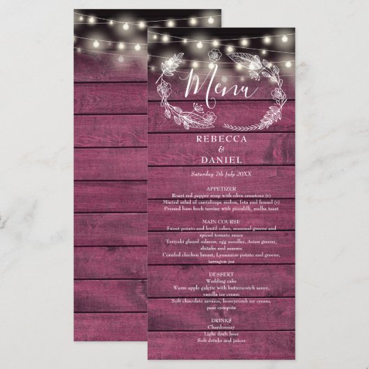 Slingerende lichten bloemrijke roestige rode houte menu (Voorkant / Achterkant)