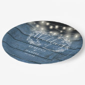 Slingerende lichten bloemrijke rustieke blauwe hou papieren bordje (Gekanteld)