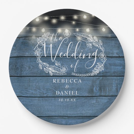 Slingerende lichten bloemrijke rustieke blauwe hou papieren bordje (Voorkant)