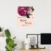 Slingerende lichten bordeauxrode bloemen bruidsdou poster (Thuiskantoor)