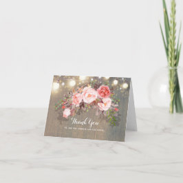 Slingerende lichten en roze bloemen Rustieke dank Bedankkaart