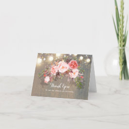Slingerende lichten en roze bloemen Rustieke dank Bedankkaart