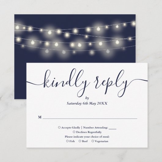 Slingerende lichten Navy Blauwe Script Maaltijdkeu RSVP Kaartje (Voorkant / Achterkant)