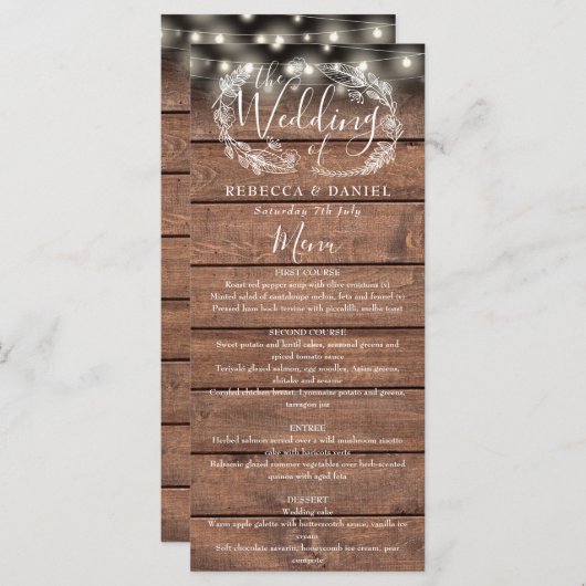 Slingerende lichten Rustic hout Bloemachtige Trouw Menu (Voorkant / Achterkant)