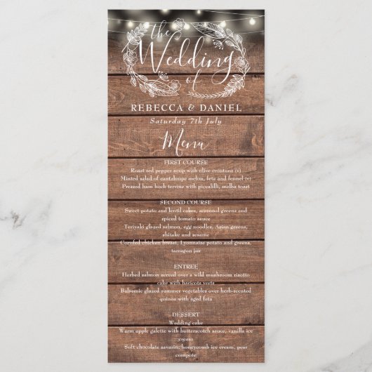 Slingerende lichten Rustic hout Bloemachtige Trouw Menu (Voorkant)