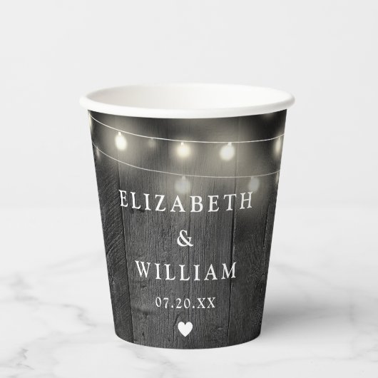 Slingerende lichten Rustieke Zwarte Houten Boho Sc Papieren Bekers (Voorkant)