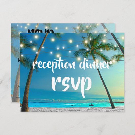 Slingerende lichten Tropisch strand receptie diner Uitnodiging Briefkaart (Voorkant / Achterkant)