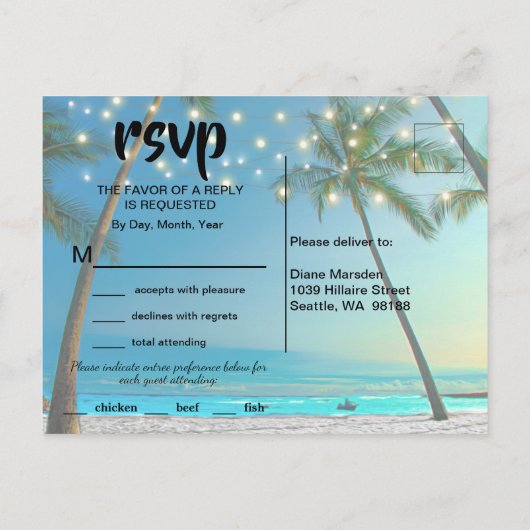 Slingerende lichten Tropisch strand receptie diner Uitnodiging Briefkaart (Achterkant)