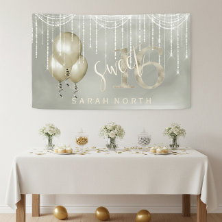 Slingerende Lichtjes & Ballonnen Sweet 16 Champagn Spandoek