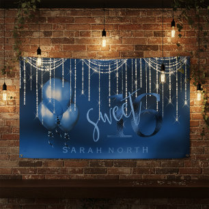 Slingerende Lichtjes & Ballonnen Sweet 16 Dk Blauw Spandoek