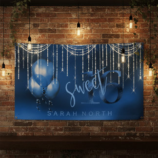 Slingerende Lichtjes & Ballonnen Sweet 16 Dk Blauw Spandoek