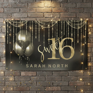 Slingerende Lichtjes & Ballonnen Sweet 16 Zwart/Go Spandoek