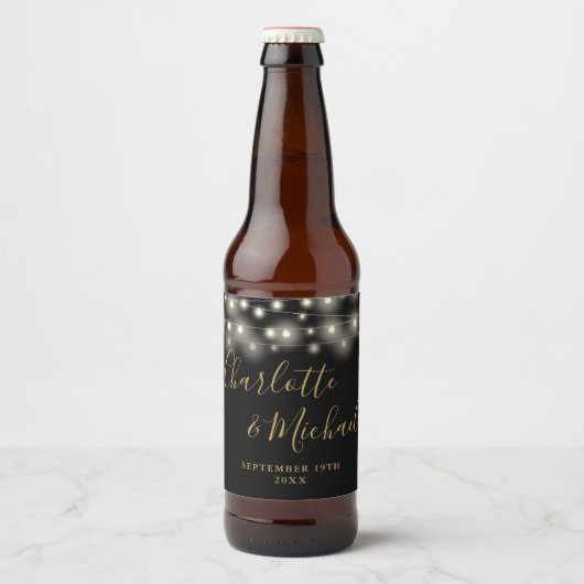 Slingerende Lichtjes Handtekening Script Zwart Gou Bier Etiket (Voorkant)
