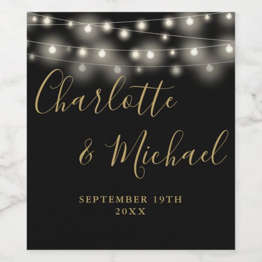 Slingerende Lichtjes Handtekening Script Zwart Gou Wijn Etiket (Enkel label)