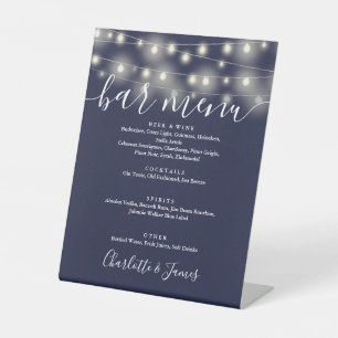 Slingerende Lichtjes Navy Blauwe Huwelijksbar Menu Reclamebord Met Voetstuk