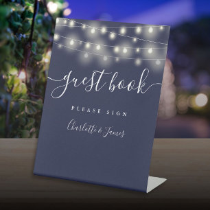 Slingerende Lichtjes Navy Blauwe Script Gastboek Reclamebord Met Voetstuk