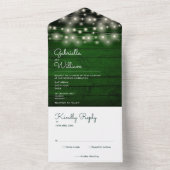 Slingerende Lichtjes Rustic Groen Houten Monogram All In One Uitnodiging (Binnen)