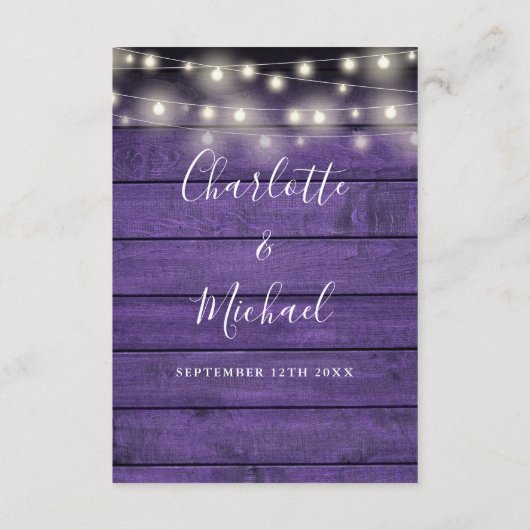 Slingerende Lichtjes Rustiek Paars Houten Huwelijk Informatiekaartje (Achterkant)