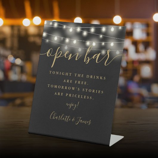 Slingerende Lichtjes Zwart En Goud Signature Open  Reclamebord Met Voetstuk