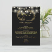 Slingerende Lichtjes Zwart En Gouden Bloem Bruilof Menu (Staand voorkant)