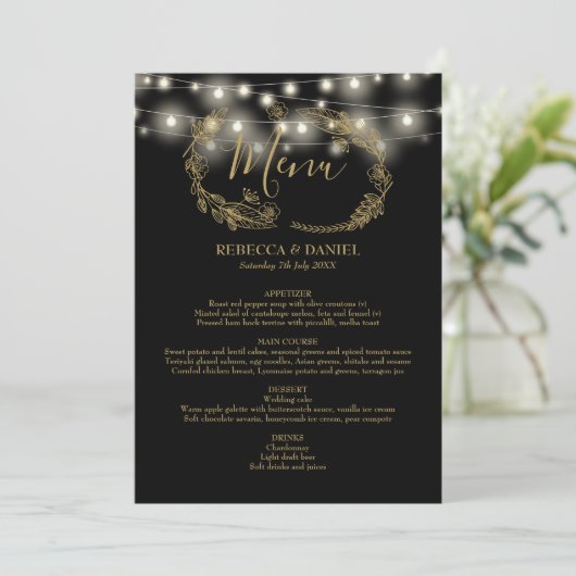 Slingerende Lichtjes Zwart En Gouden Bloem Bruilof Menu (Staand voorkant)