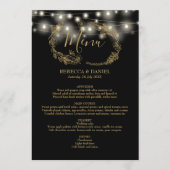 Slingerende Lichtjes Zwart En Gouden Bloem Bruilof Menu (Voorkant)