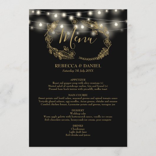 Slingerende Lichtjes Zwart En Gouden Bloem Bruilof Menu (Voorkant)