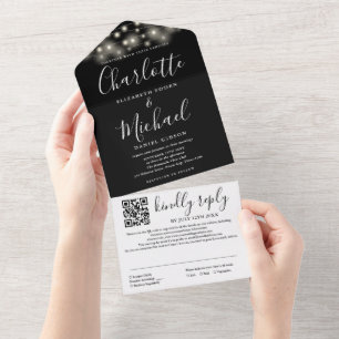 Slingerende Lichtjes Zwart Witte Script QR Code Tr All In One Uitnodiging