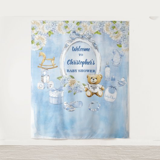 Slingerfeestje Jongen Blauwe Bloemen Teddybeer Ach Wandkleed (Voorkant)
