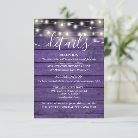 Slingerlicht Roestig Paarse Houten Trouwdetails Informatiekaartje (Staand voorkant)